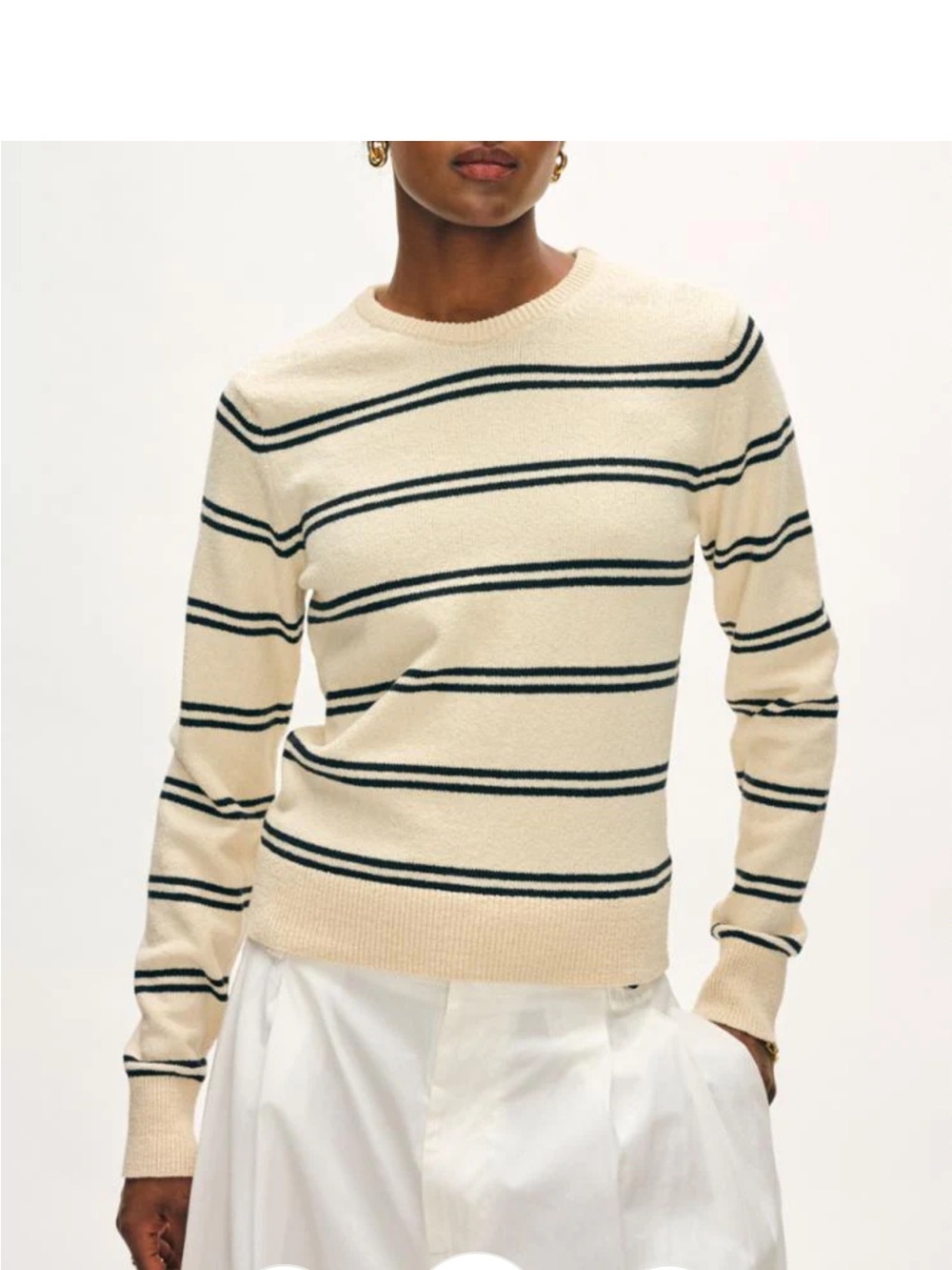 White + Warren Fine Cotton Boucle Crewneck Sweater - Ivory & Deep Navy